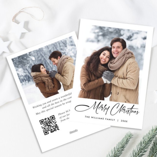 Elegant Minimalist Christmas 2 Photo QR code Holiday Card (Creator Uploaded)