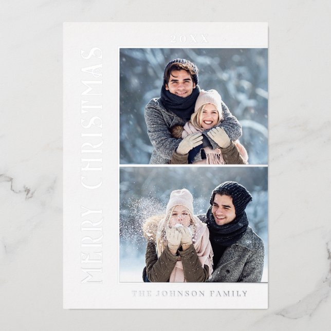 Elegant Minimalist Christmas 2 Photo Silver Foil Holiday Card (Front)