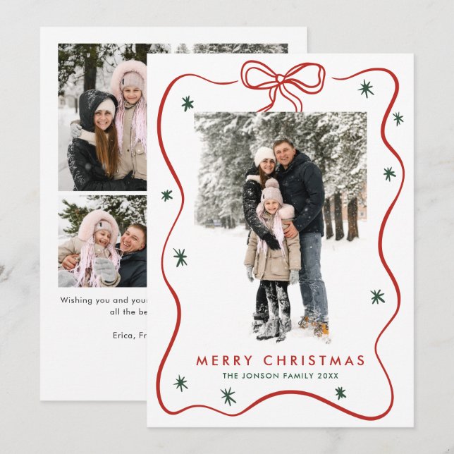 Elegant Minimalist Christmas Bow Ribbon 5 Photo Holiday Card (Front/Back)