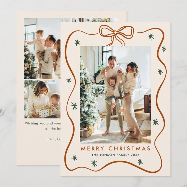 Elegant Minimalist Christmas Bow Ribbon 5 Photo Holiday Card (Front/Back)