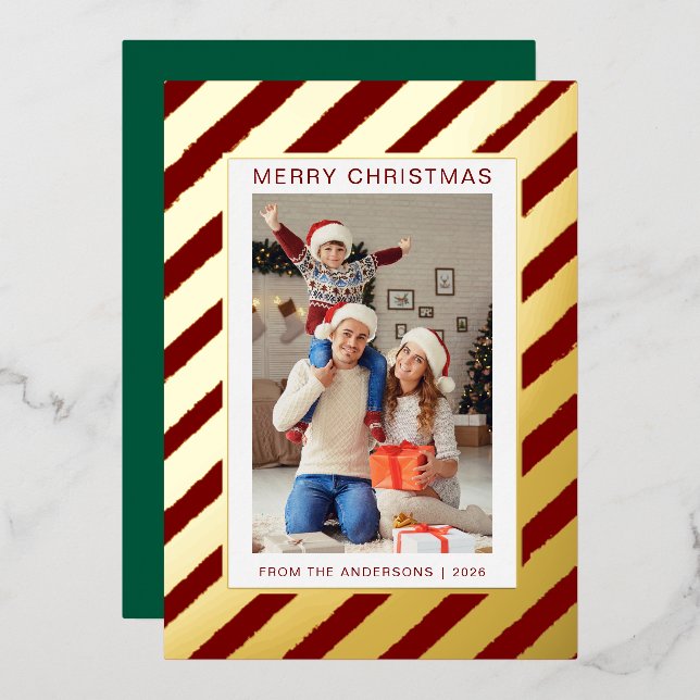 Elegant Minimalist Christmas | Modern Family Photo Foil Holiday Card (Front/Back)