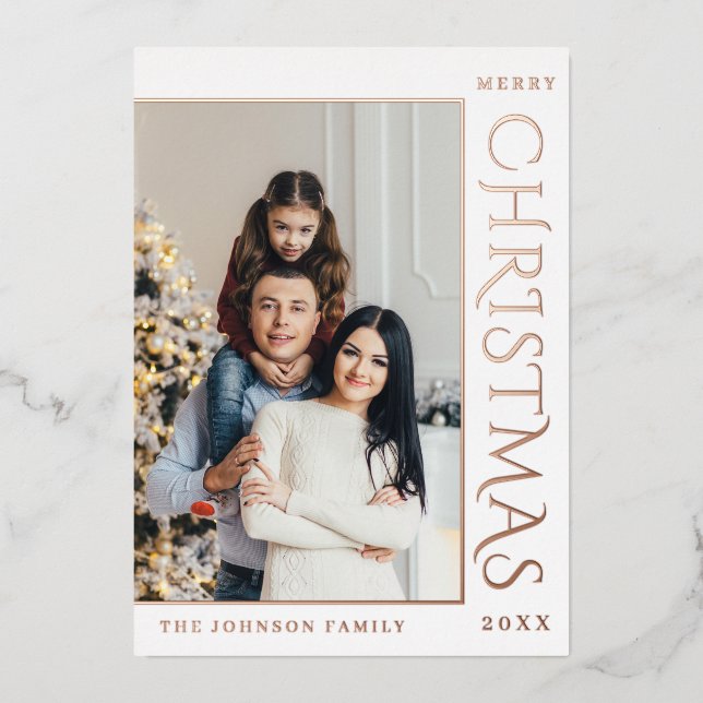 Elegant Minimalist Christmas Photo Rose Gold Foil Holiday Card (Front)