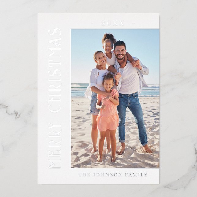 Elegant Minimalist Christmas Photo Silver Foil Holiday Card (Front)