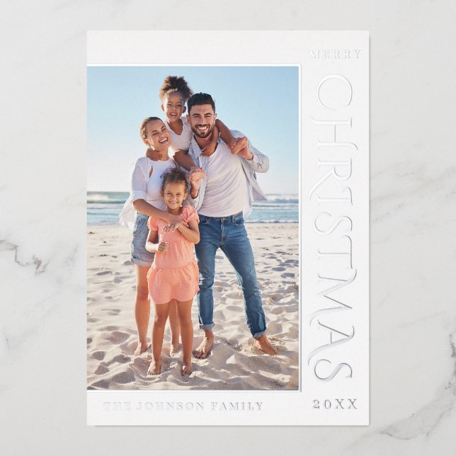 Elegant Minimalist Christmas Photo Silver Foil Holiday Card (Front)