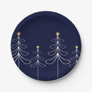 Elegant minimalist Christmas tree design blue Paper Plate