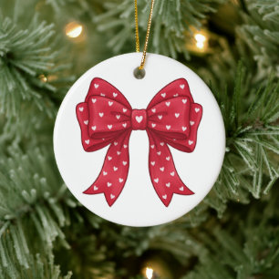 Elegant Minimalist Coquette Red Bow with Hearts Ceramic Tree Decoration