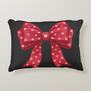 Elegant Minimalist Coquette Red Bow with Hearts Decorative Cushion