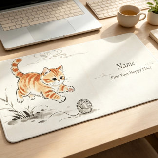 Elegant Minimalist Custom Desk Mat, Orange Cat Art Mat