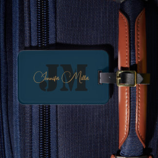 Elegant minimalist dark denim blue monogram design luggage tag