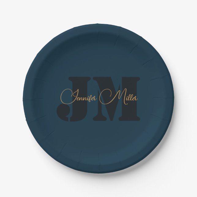 Elegant minimalist dark denim blue monogram design paper plate (Front)