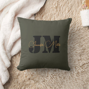 Elegant minimalist dark olive monogram design cushion