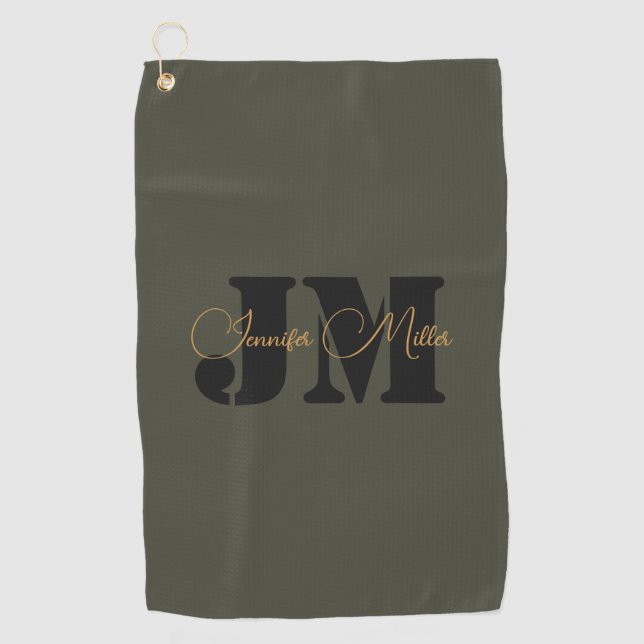 Elegant minimalist dark olive monogram design golf towel (Front)