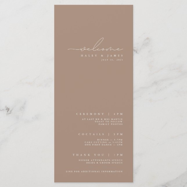 Elegant Minimalist Dark Taupe Wedding Program Menu (Front)