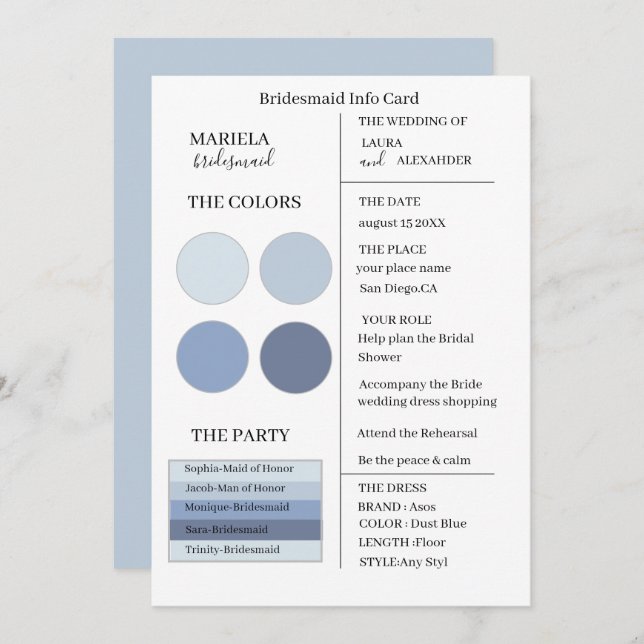 Elegant Minimalist Dusty Blue Bridesmaid Invitation (Front/Back)