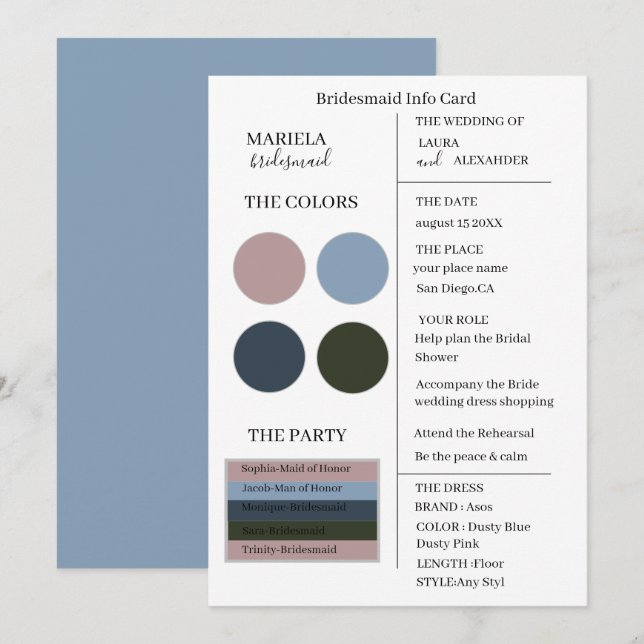 Elegant Minimalist Dusty Blue Dusty Pink Bridesmai Invitation (Front/Back)
