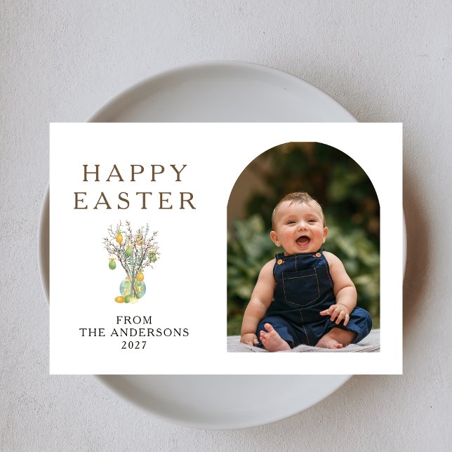 Elegant Minimalist Easter Egg Branch Photo Holiday Card (Creator Uploaded)