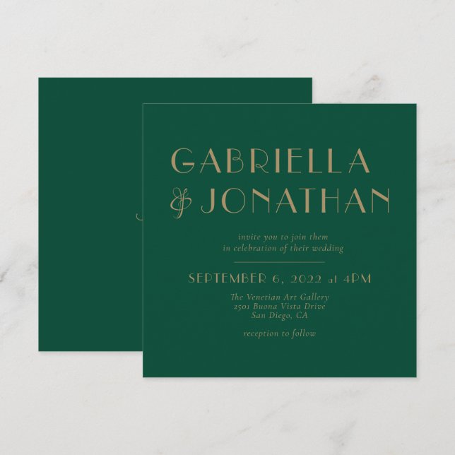 Elegant Minimalist Emerald Green Gold Wedding  Invitation (Front/Back)