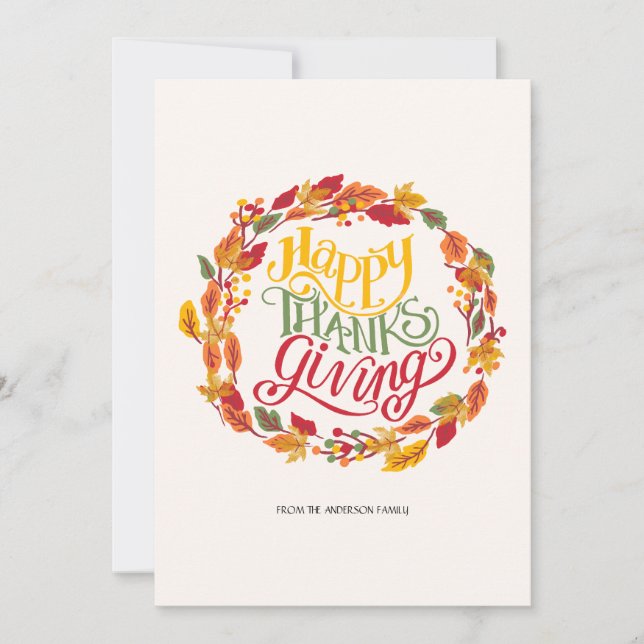 Elegant Minimalist Fall Autumn Leaves Wreath Holiday Card (Front)