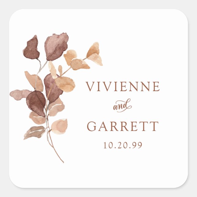 Elegant Minimalist Fall Leaves Wedding Square Sticker (Front)