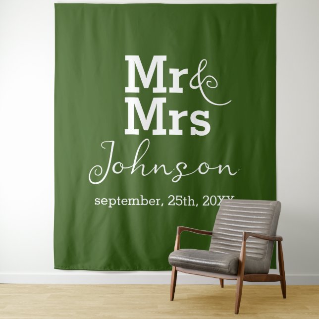 Elegant Minimalist Fern Green Wedding Backdrop Tapestry (In Situ)