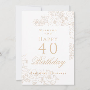 Elegant Minimalist Floral 40th White Birthday Card