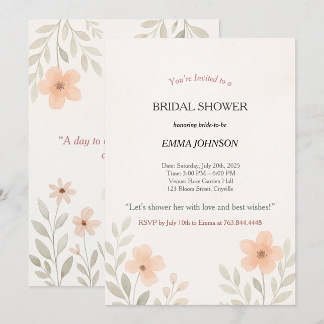 Elegant Minimalist Floral Bridal Shower Invitation (Front/Back)