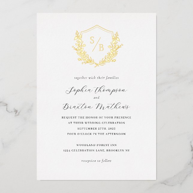 Elegant Minimalist Floral Crest Monogram Wedding (Front)