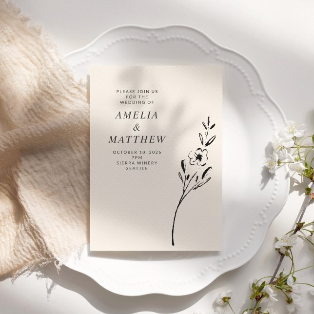 Elegant Minimalist Floral Drawing in Cream Wedding Invitation (Creator Uploaded)