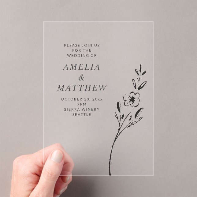 Elegant Minimalist Floral Drawing Wedding Clear Acrylic Invitations (Insitu (Handheld))