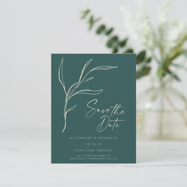 Elegant Minimalist Floral Green Personalised  Save The Date (Standing Front)