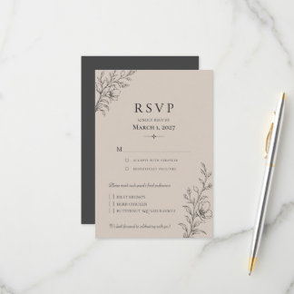 Elegant Minimalist Floral Taupe Wedding RSVP Card