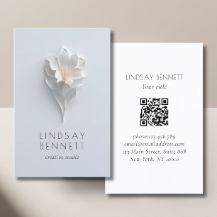 Elegant Minimalist Floral White Blue QR Code Business Card