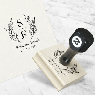 Elegant Minimalist Foliage Wedding Monogram  Rubber Stamp