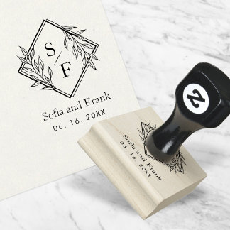 Elegant Minimalist Foliage Wedding Monogram  Rubber Stamp