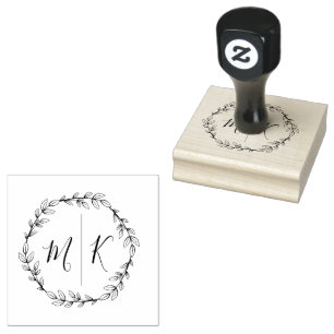 Elegant Minimalist Foliage Wreath Monogram Rubber Stamp