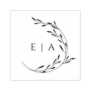 Elegant Minimalist Foliage Wreath Monogram Wood Rubber Stamp