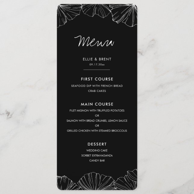Elegant minimalist Ginkgo Biloba wedding Menu (Front)