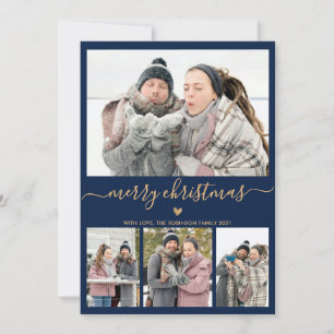 Elegant Minimalist Gold and Navy 4 Photo Christmas Holiday Card