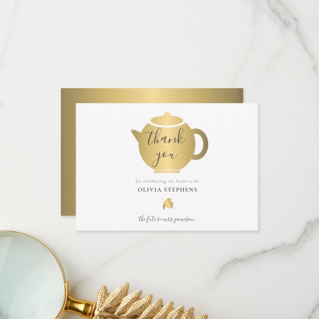 Elegant Minimalist Gold Bridal Shower Tea Party Thank You Card (Front/Back In Situ)
