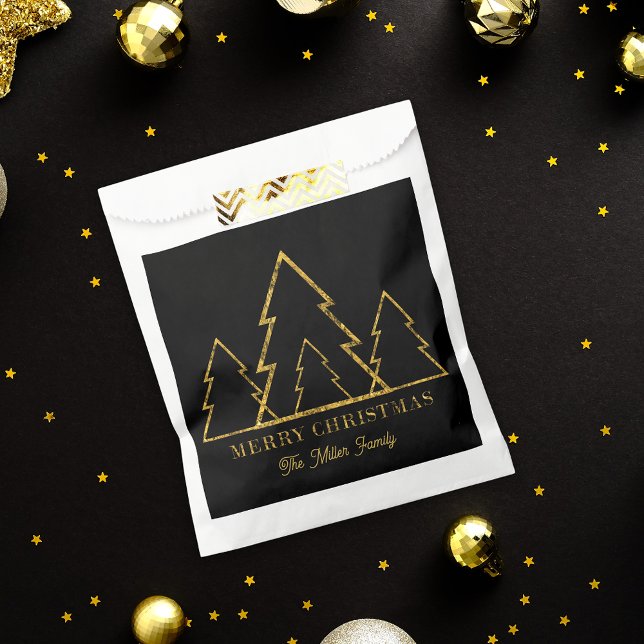 Elegant Minimalist Gold Christmas Trees on Black Favour Bags (Creator Uploaded)