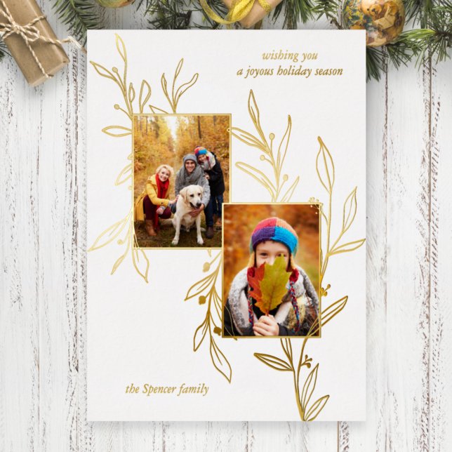 Elegant Minimalist Gold Line Drawn Leaves 2-Photo  Foil Holiday Card (Creator Uploaded)