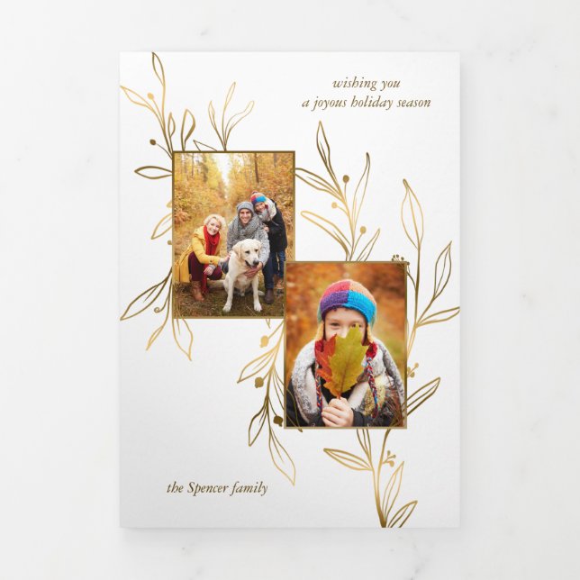 Elegant Minimalist Gold Line Drawn Leaves 2-Photo  Tri-Fold Card (Cover)