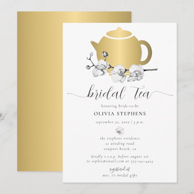 Elegant Minimalist Gold Pot Orchid Tea Bridal Tea Invitation (Front/Back)