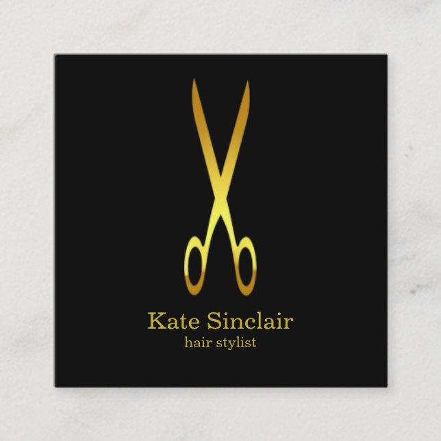 Elegant Minimalist Gold Scissor Hair Stylist Square Business Card (Front)