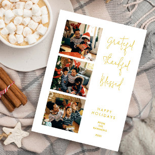 Elegant Minimalist Gold Script 3 Multi Photos Holiday Card