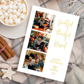 Elegant Minimalist Gold Script 3 Multi Photos Holiday Card