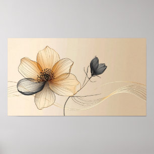 Elegant Minimalist Gold & Sheer Beige Floral Botan Poster