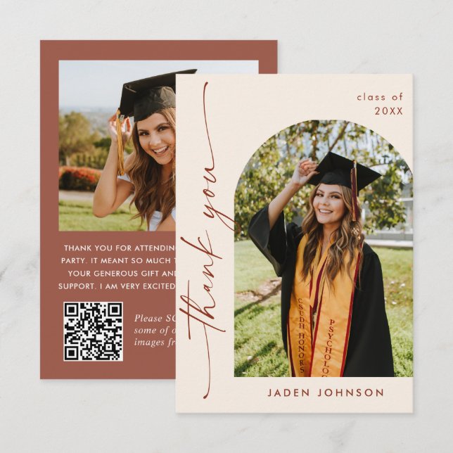 Elegant Minimalist Graduation 2 Photo QR code Thank You Card (Front/Back)