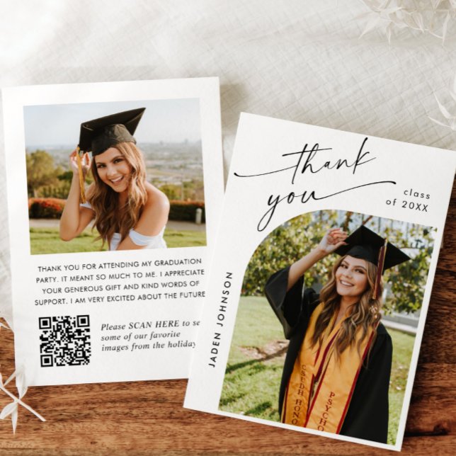 Elegant Minimalist Graduation 2 Photo QR code Thank You Card (Creator Uploaded)