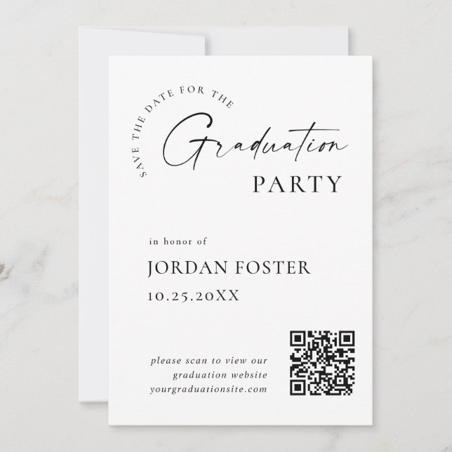 Elegant Minimalist Graduation Photo QR code Save The Date (Front)